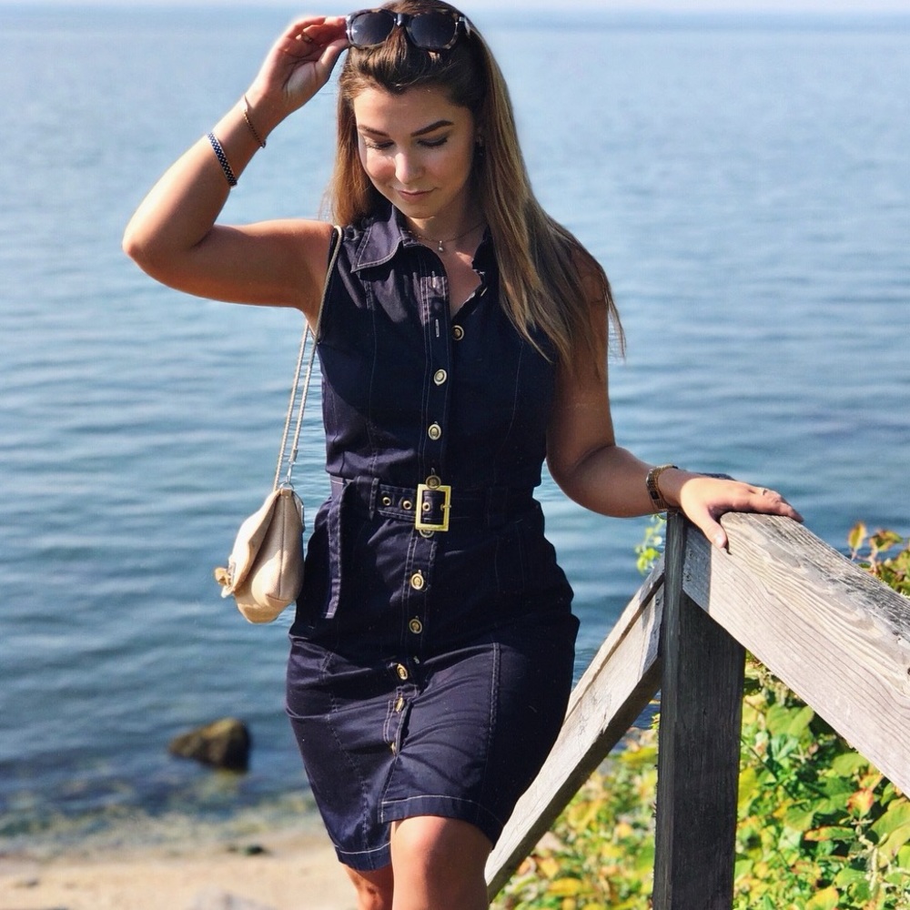 Knee Length Navy Blue Sleeveless Collared Button Up Dress with Gold Buttons